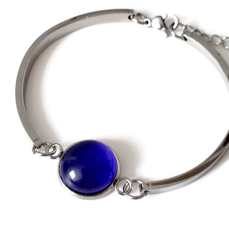 Mini bracelet verre récupéré et inox bleu foncé lustré - Bijoux Le fil d'Ariane